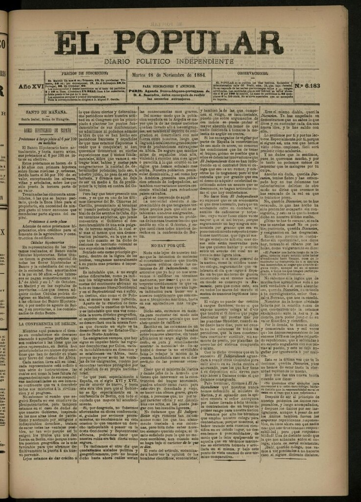 Miniatura de El Popular: diario independiente, político, literario y de noticias de interés general del 18 de noviembre de 1884, nº 6183