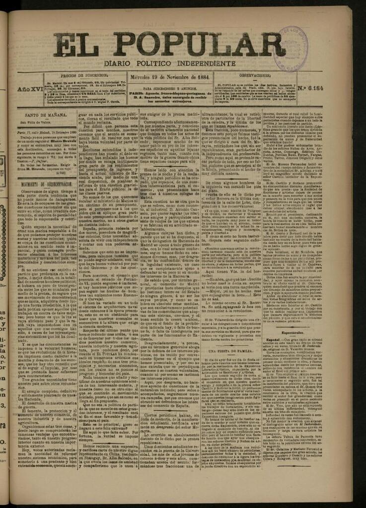 Miniatura de El Popular: diario independiente, político, literario y de noticias de interés general del 19 de noviembre de 1884, nº 6184