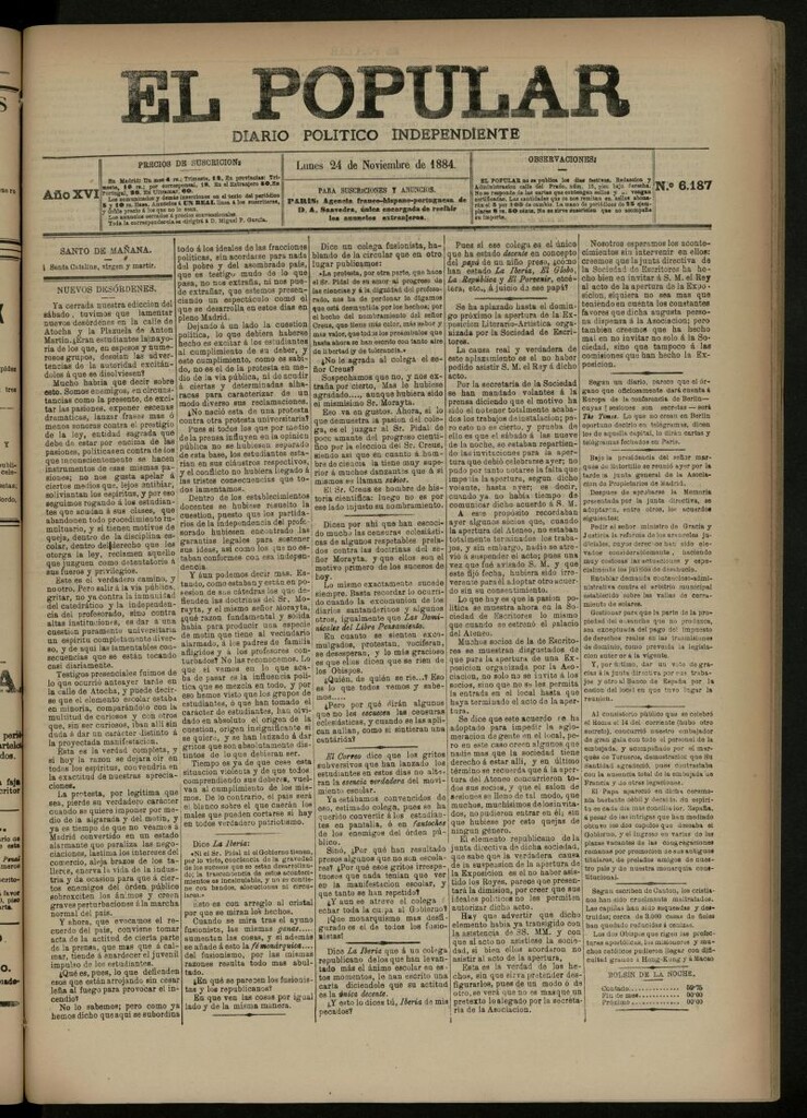 Miniatura de El Popular: diario independiente, político, literario y de noticias de interés general del 24 de noviembre de 1884, nº 6187