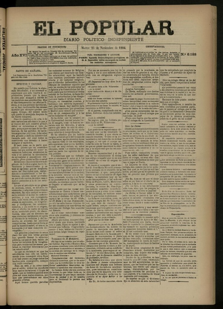 Miniatura de El Popular: diario independiente, político, literario y de noticias de interés general del 25 de noviembre de 1884, nº 6188