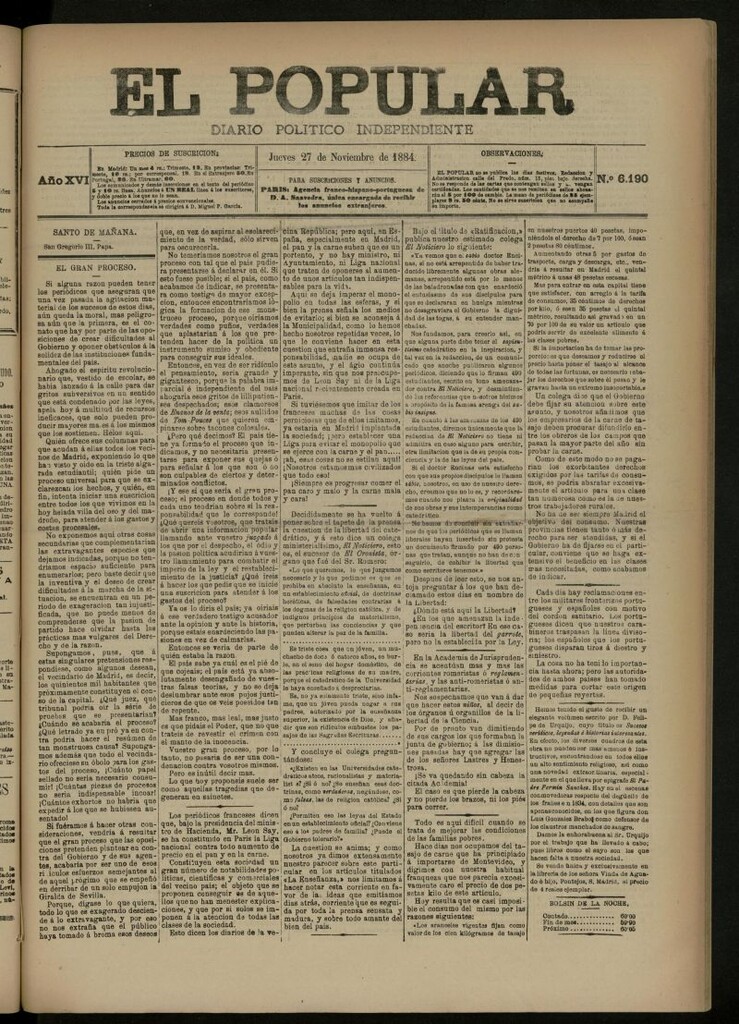 Miniatura de El Popular: diario independiente, político, literario y de noticias de interés general del 27 de noviembre de 1884, nº 6190