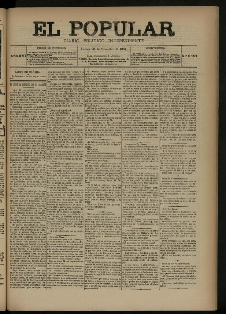 Miniatura de El Popular: diario independiente, político, literario y de noticias de interés general del 28 de noviembre de 1884, nº 6191