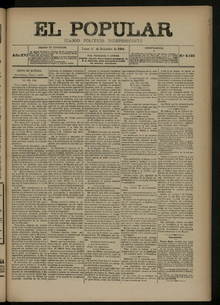 Miniatura de El Popular: diario independiente, político, literario y de noticias de interés general del 1 de diciembre de 1884, nº 6193