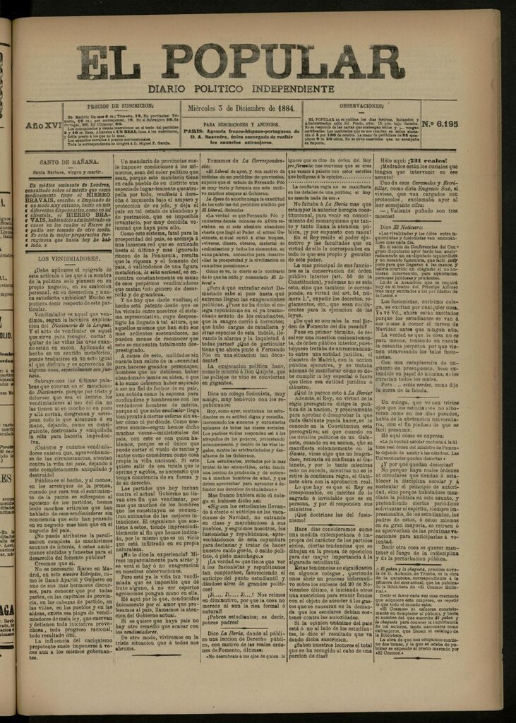 Miniatura de El Popular: diario independiente, político, literario y de noticias de interés general del 3 de diciembre de 1884, nº 6195