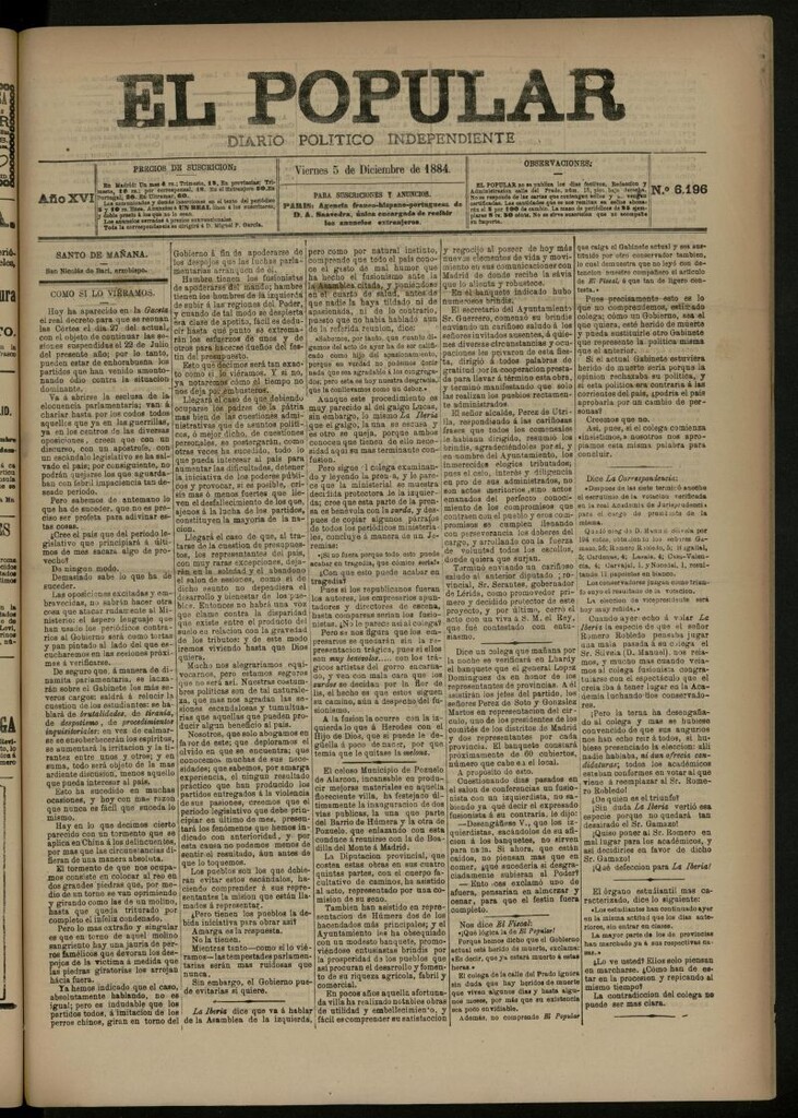 Miniatura de El Popular: diario independiente, político, literario y de noticias de interés general del 5 de diciembre de 1884, nº 6196