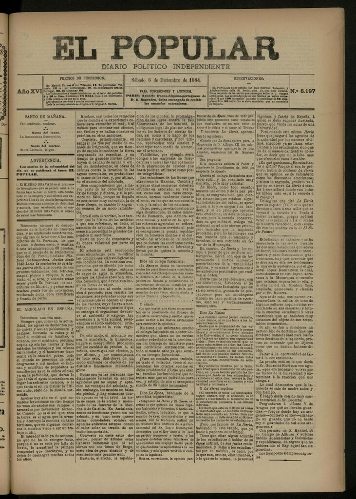 Miniatura de El Popular: diario independiente, político, literario y de noticias de interés general del 6 de diciembre de 1884, nº 6197