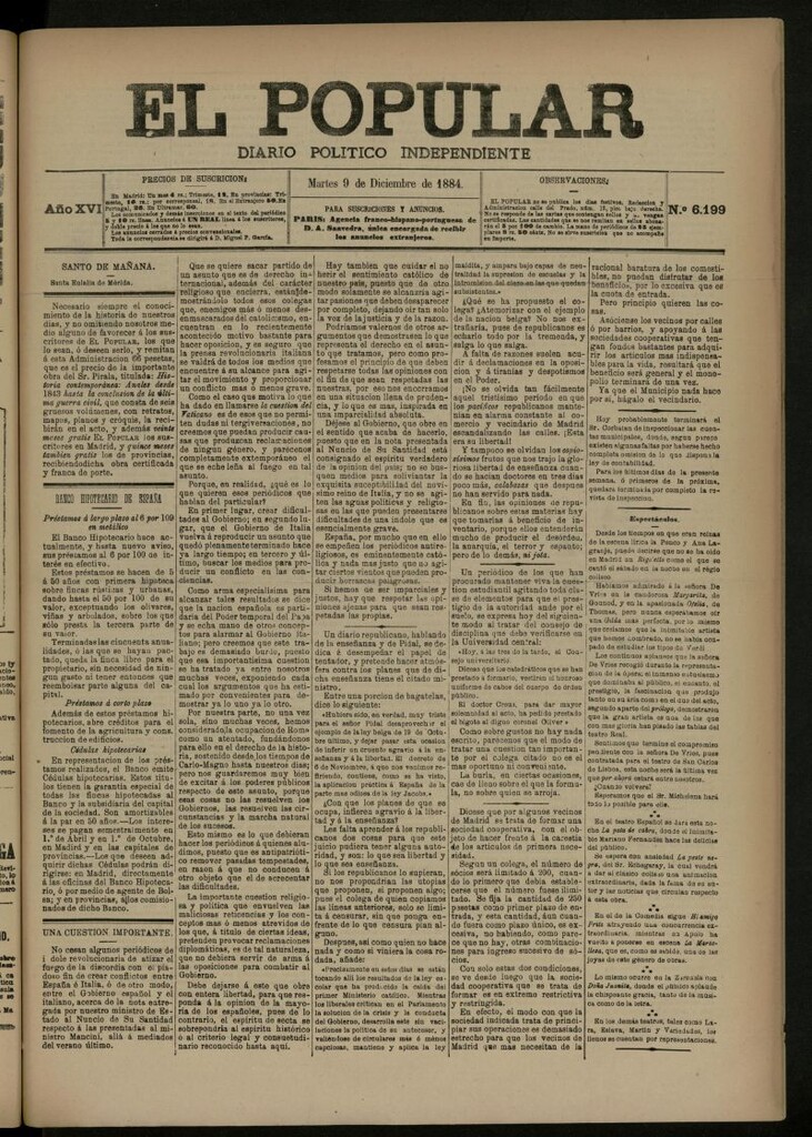 Miniatura de El Popular: diario independiente, político, literario y de noticias de interés general del 9 de diciembre de 1884, nº 6199