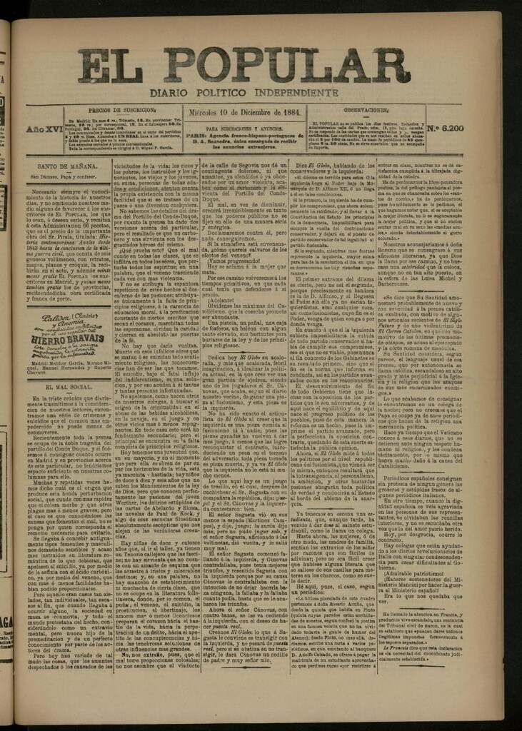 Miniatura de El Popular: diario independiente, político, literario y de noticias de interés general del 10 de diciembre de 1884, nº 6200