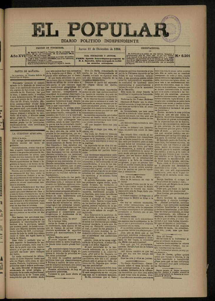 Miniatura de El Popular: diario independiente, político, literario y de noticias de interés general del 11 de diciembre de 1884, nº 6201
