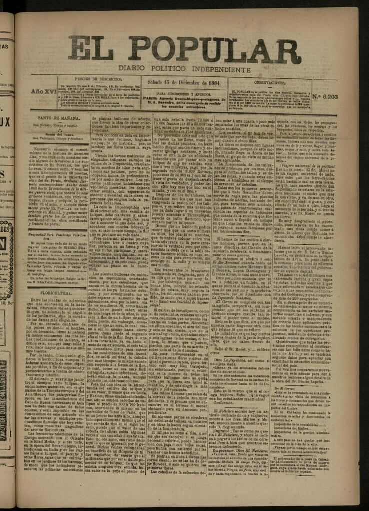 Miniatura de El Popular: diario independiente, político, literario y de noticias de interés general del 13 de diciembre de 1884, nº 6203