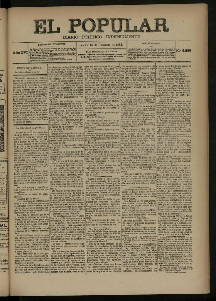 Miniatura de El Popular: diario independiente, político, literario y de noticias de interés general del 16 de diciembre de 1884, nº 6205