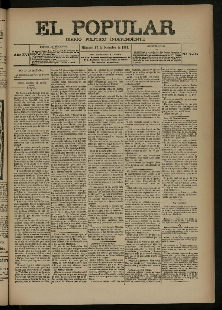 Miniatura de El Popular: diario independiente, político, literario y de noticias de interés general del 17 de diciembre de 1884, nº 6206