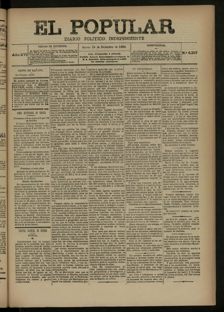 Miniatura de El Popular: diario independiente, político, literario y de noticias de interés general del 18 de diciembre de 1884, nº 6207