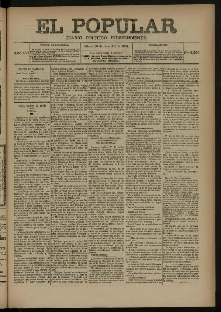 Miniatura de El Popular: diario independiente, político, literario y de noticias de interés general del 20 de diciembre de 1884, nº 6209