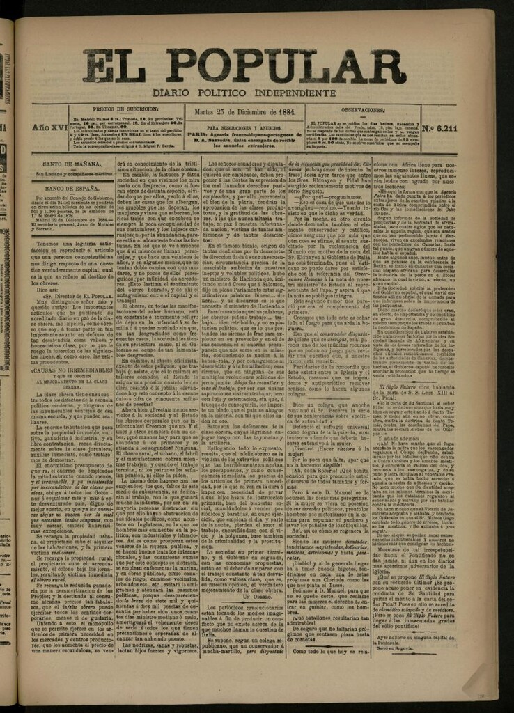 Miniatura de El Popular: diario independiente, político, literario y de noticias de interés general del 23 de diciembre de 1884, nº 6211