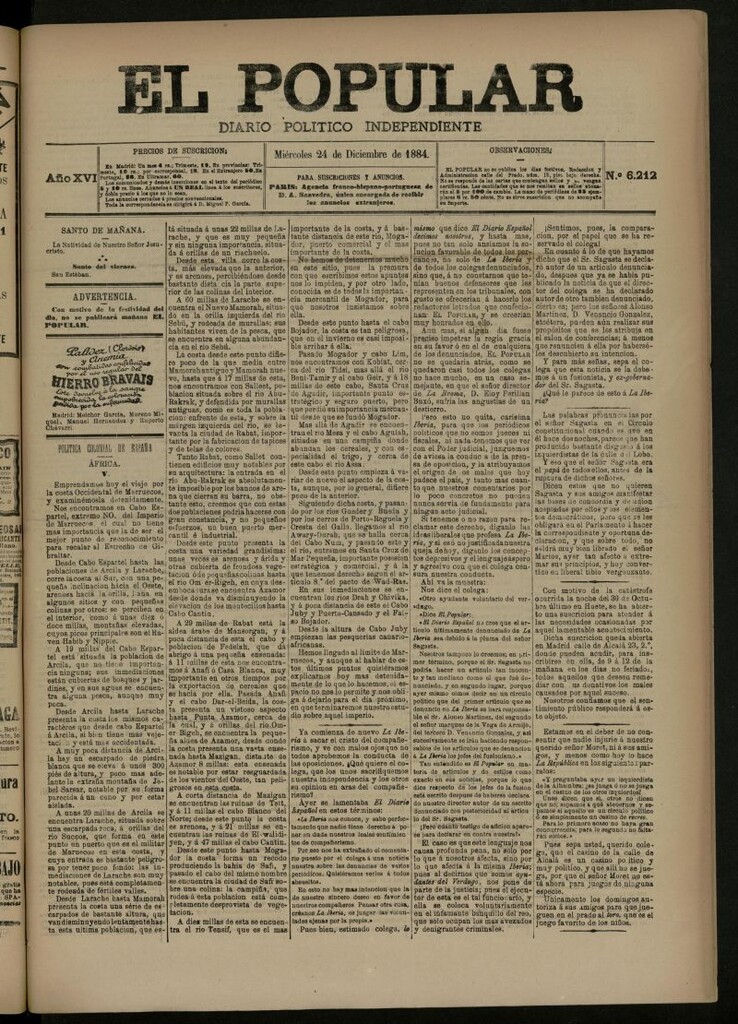 Miniatura de El Popular: diario independiente, político, literario y de noticias de interés general del 24 de diciembre de 1884, nº 6212