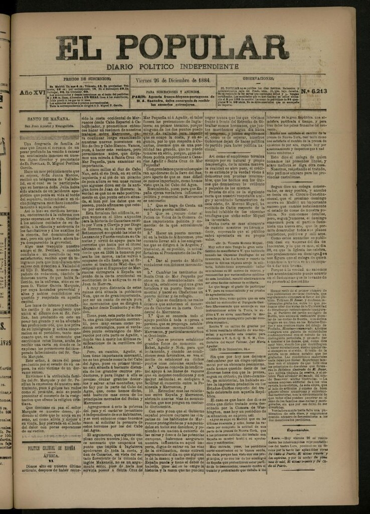 Miniatura de El Popular: diario independiente, político, literario y de noticias de interés general del 26 de diciembre de 1884, nº 6213
