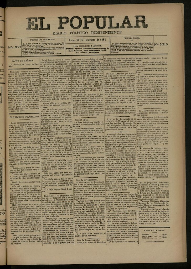 Miniatura de El Popular: diario independiente, político, literario y de noticias de interés general del 29 de diciembre de 1884, nº 6215