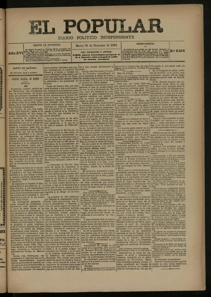 Miniatura de El Popular: diario independiente, político, literario y de noticias de interés general del 30 de diciembre de 1884, nº 6216