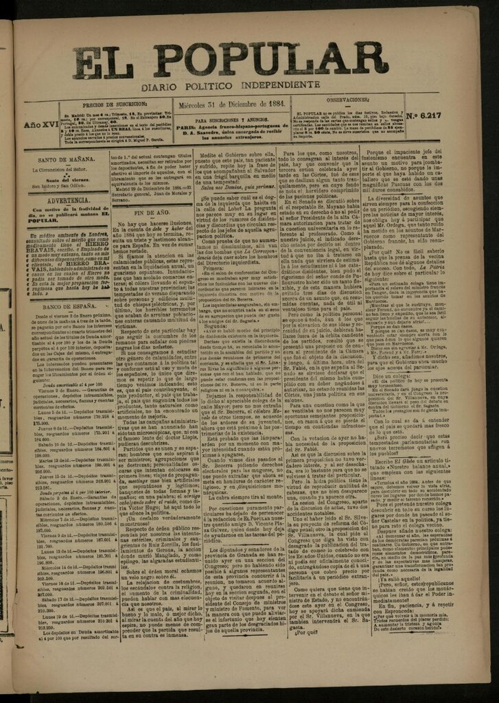 Miniatura de El Popular: diario independiente, político, literario y de noticias de interés general del 31 de diciembre de 1884, nº 6217