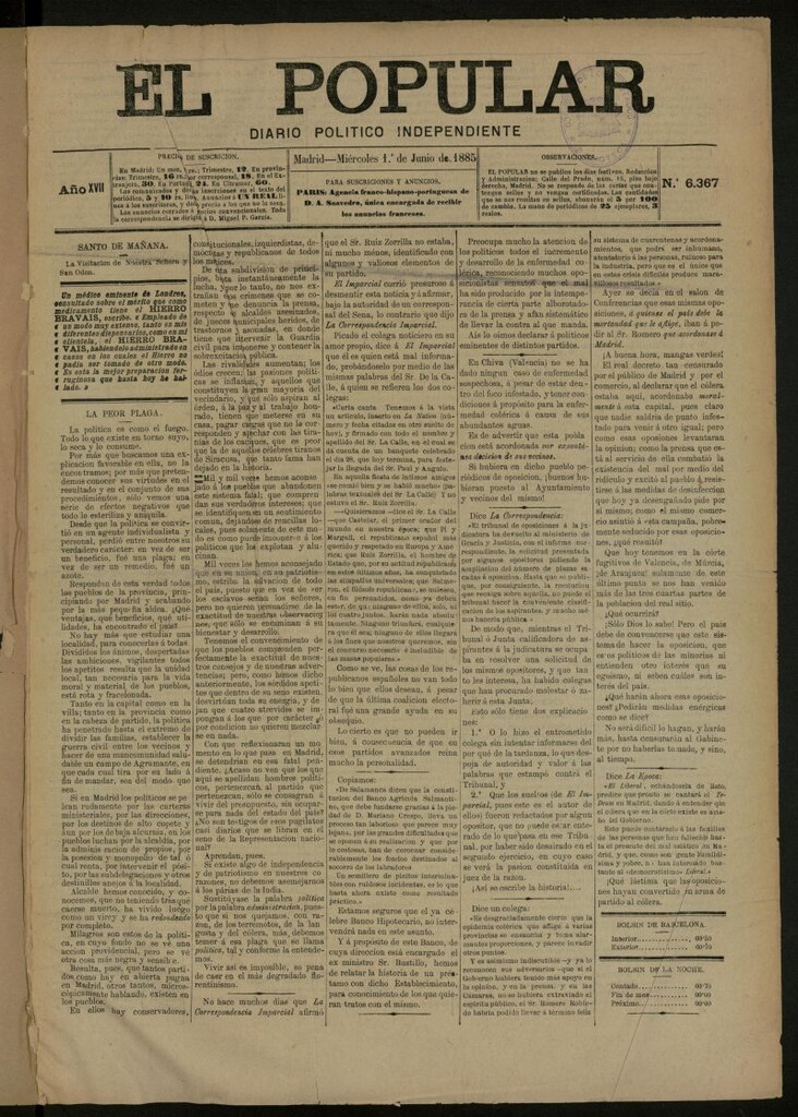 Miniatura de El Popular: diario independiente, político, literario y de noticias de interés general del 1 de julio de 1885, nº 6367 [sic]