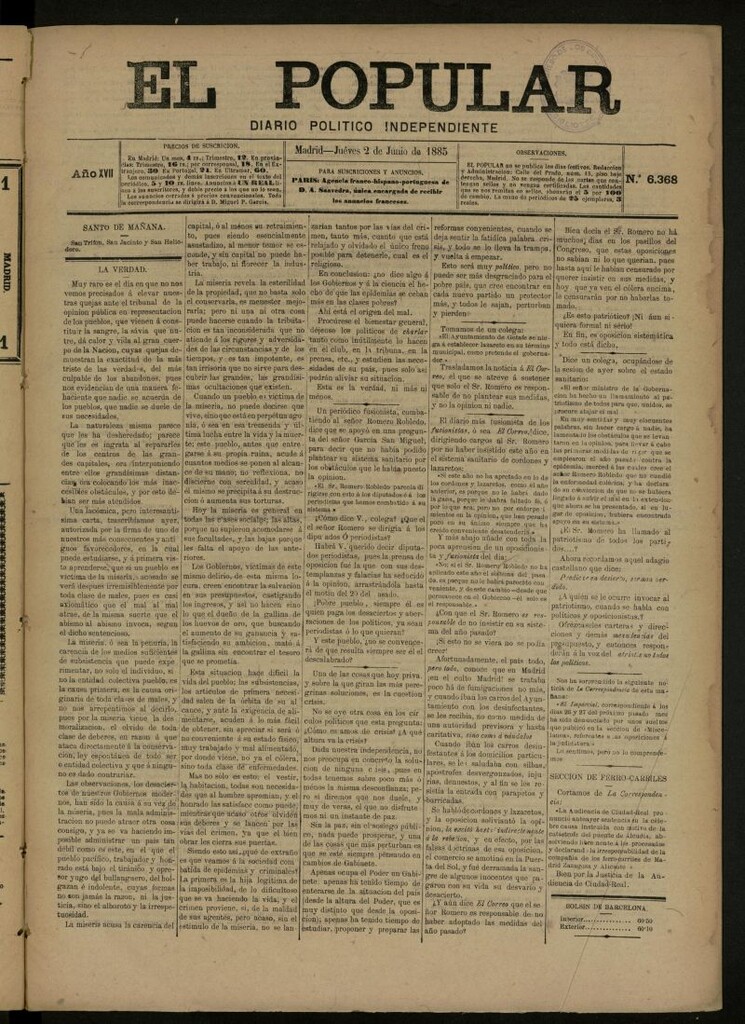 Miniatura de El Popular: diario independiente, político, literario y de noticias de interés general del 2 de julio de 1885, nº 6368 [sic]