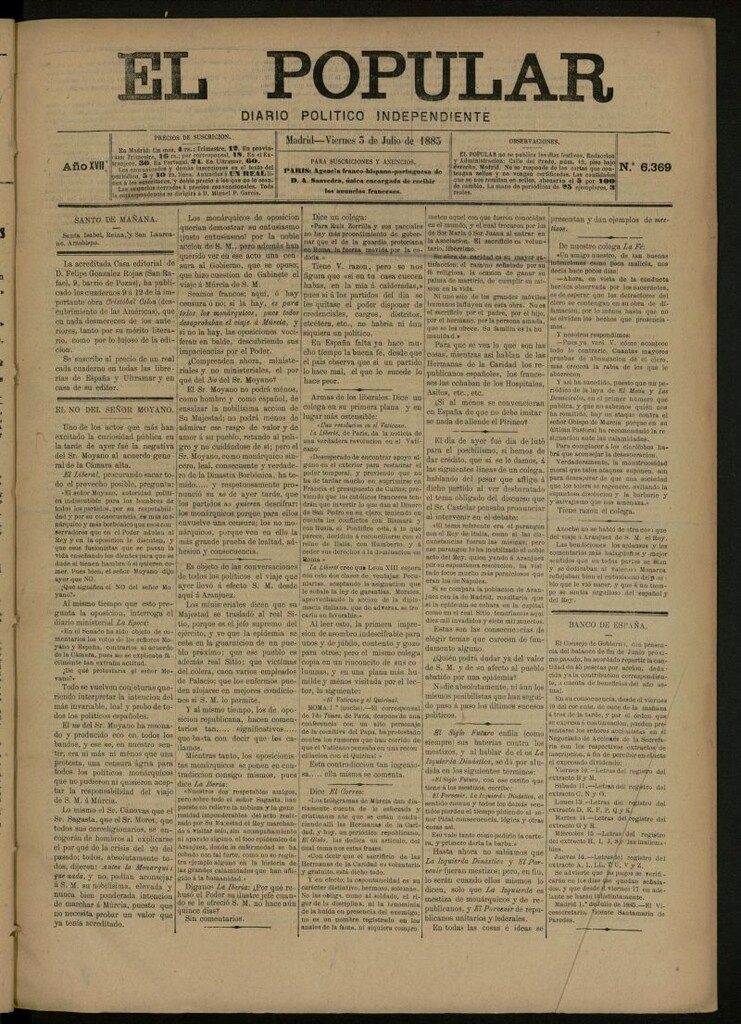 Miniatura de El Popular: diario independiente, político, literario y de noticias de interés general del 3 de julio de 1885, nº 6369