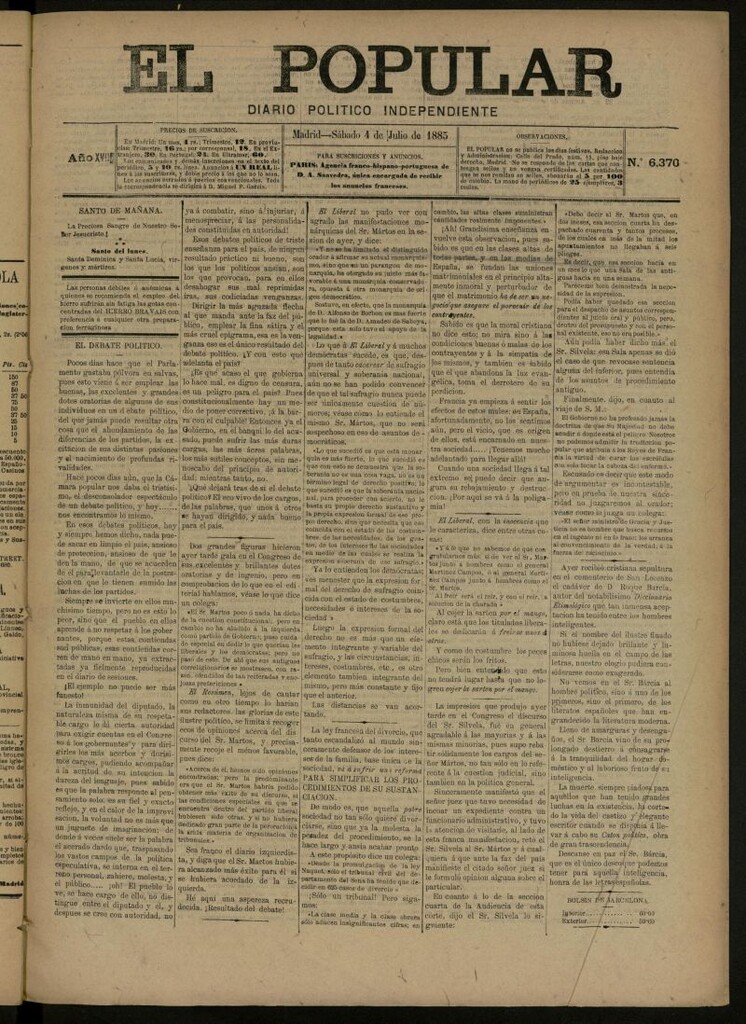 Miniatura de El Popular: diario independiente, político, literario y de noticias de interés general del 4 de julio de 1885, nº 6370