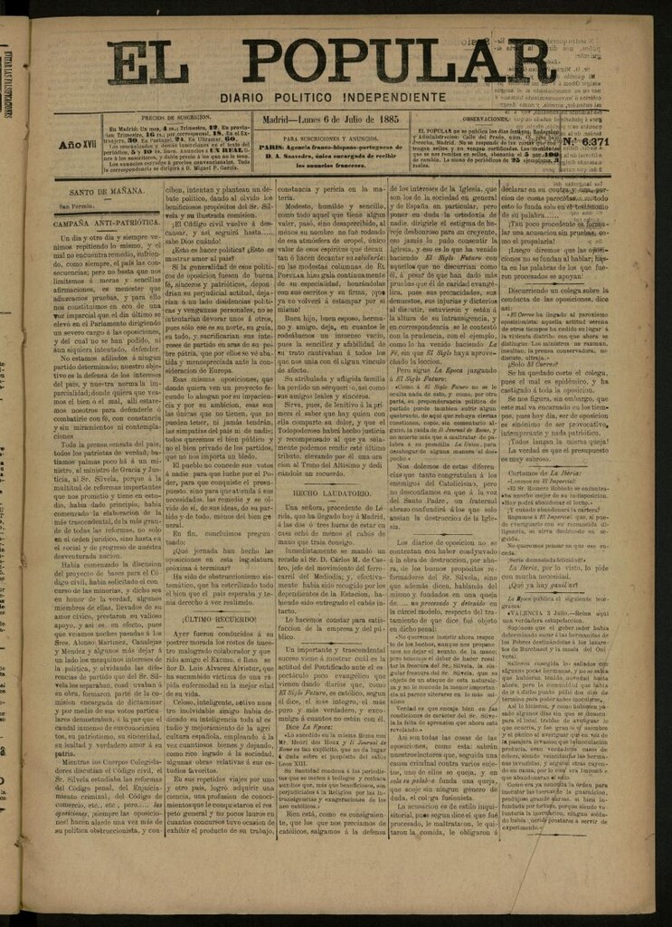 Miniatura de El Popular: diario independiente, político, literario y de noticias de interés general del 6 de julio de 1885, nº 6371