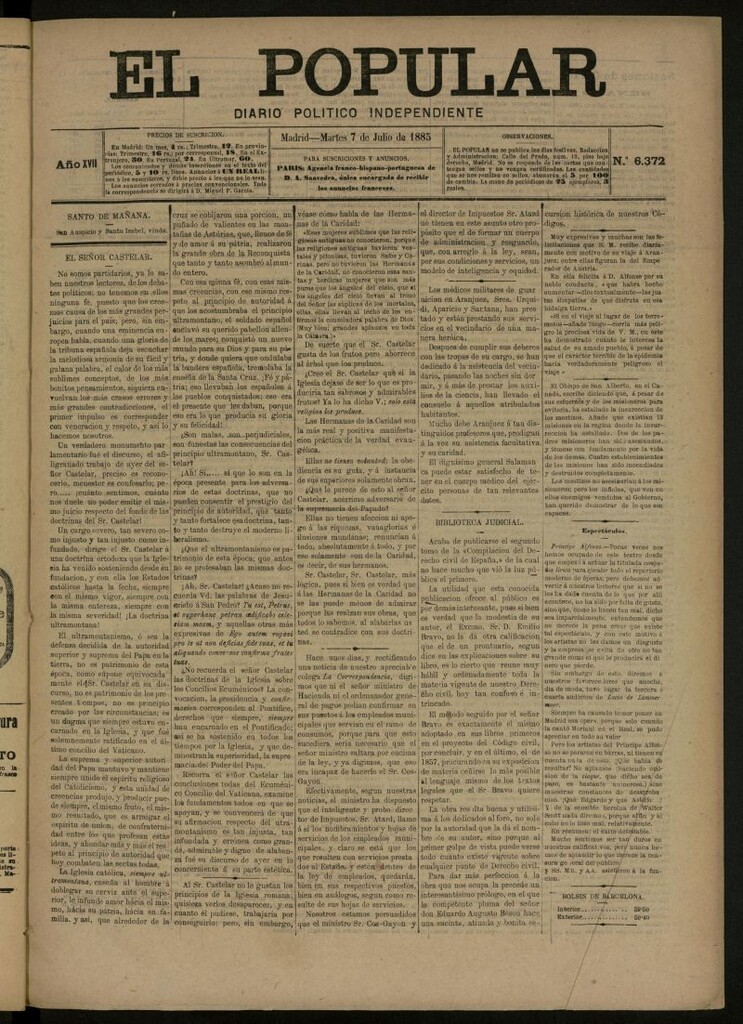 Miniatura de El Popular: diario independiente, político, literario y de noticias de interés general del 7 de julio de 1885, nº 6372