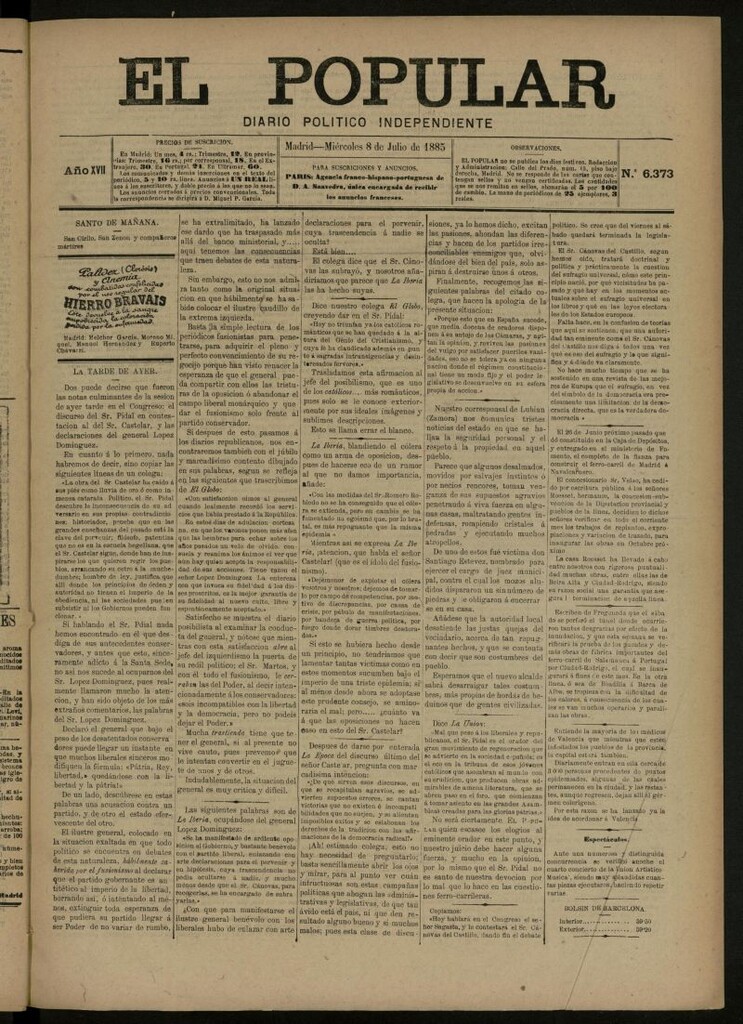Miniatura de El Popular: diario independiente, político, literario y de noticias de interés general del 8 de julio de 1885, nº 6373