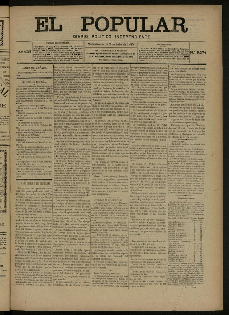 Miniatura de El Popular: diario independiente, político, literario y de noticias de interés general del 9 de julio de 1885, nº 6374