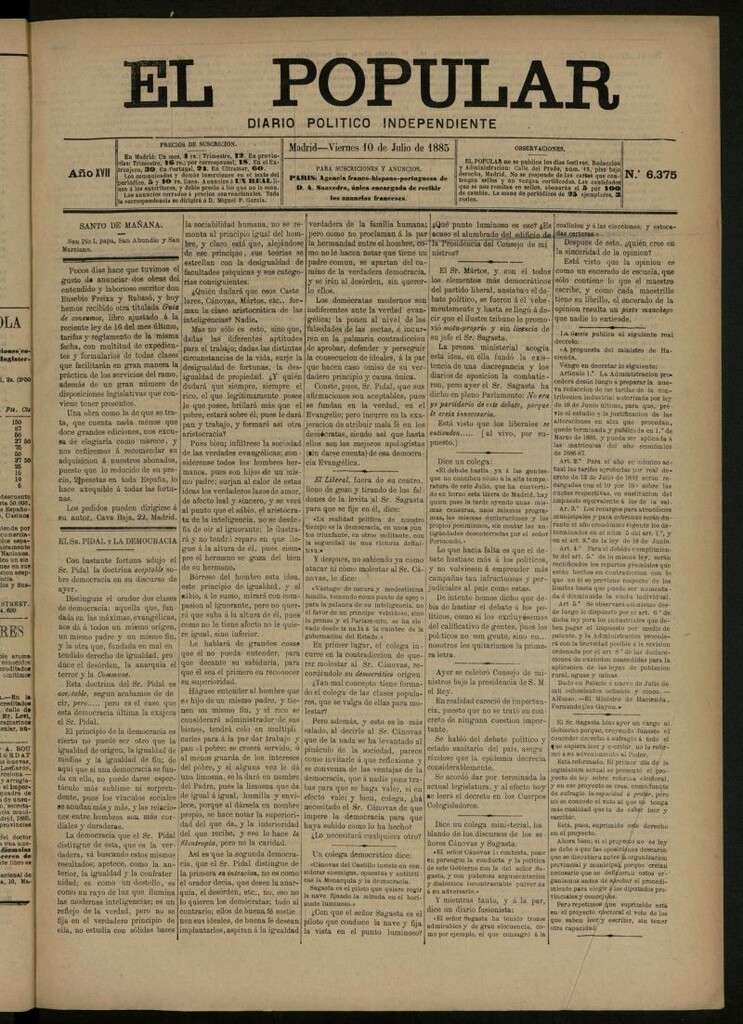 Miniatura de El Popular: diario independiente, político, literario y de noticias de interés general del 10 de julio de 1885, nº 6375