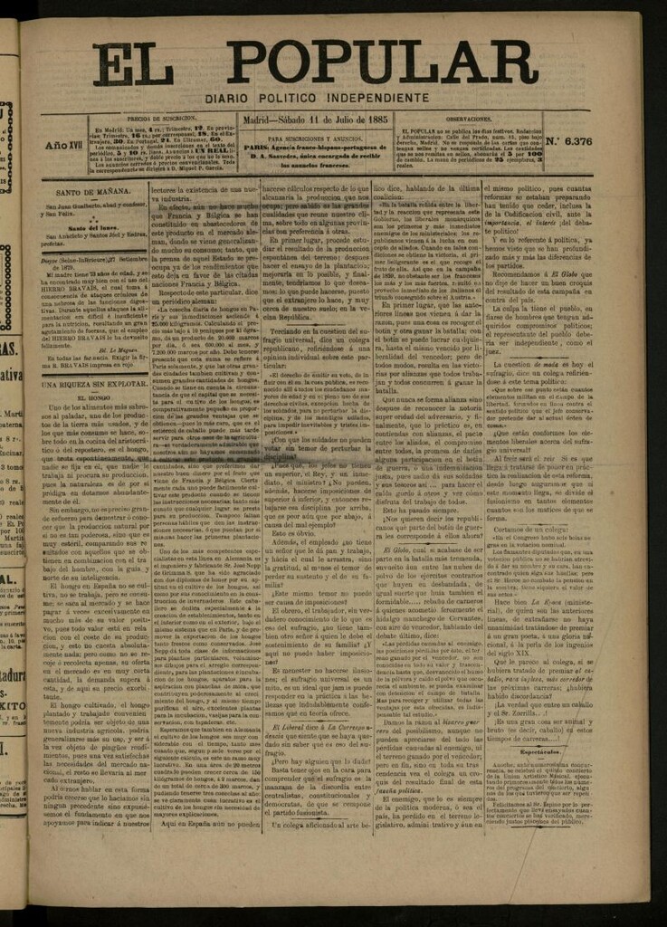 Miniatura de El Popular: diario independiente, político, literario y de noticias de interés general del 11 de julio de 1885, nº 6376