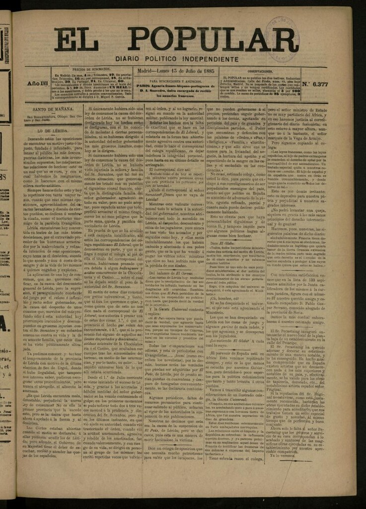 Miniatura de El Popular: diario independiente, político, literario y de noticias de interés general del 13 de julio de 1885, nº 6377
