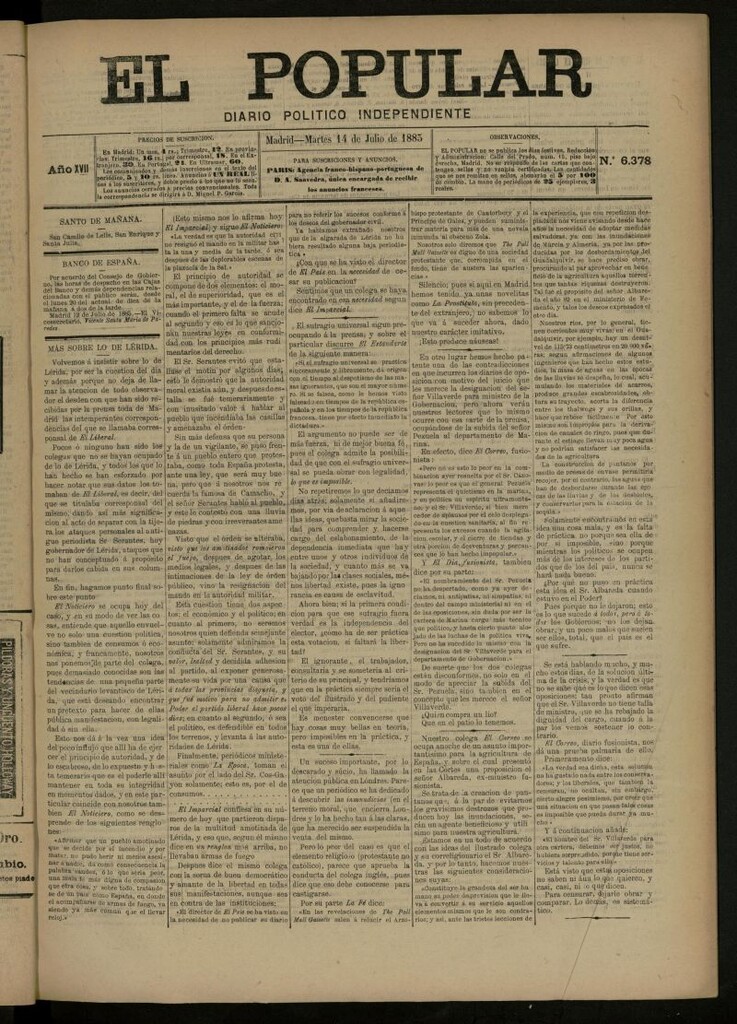 Miniatura de El Popular: diario independiente, político, literario y de noticias de interés general del 14 de julio de 1885, nº 6378