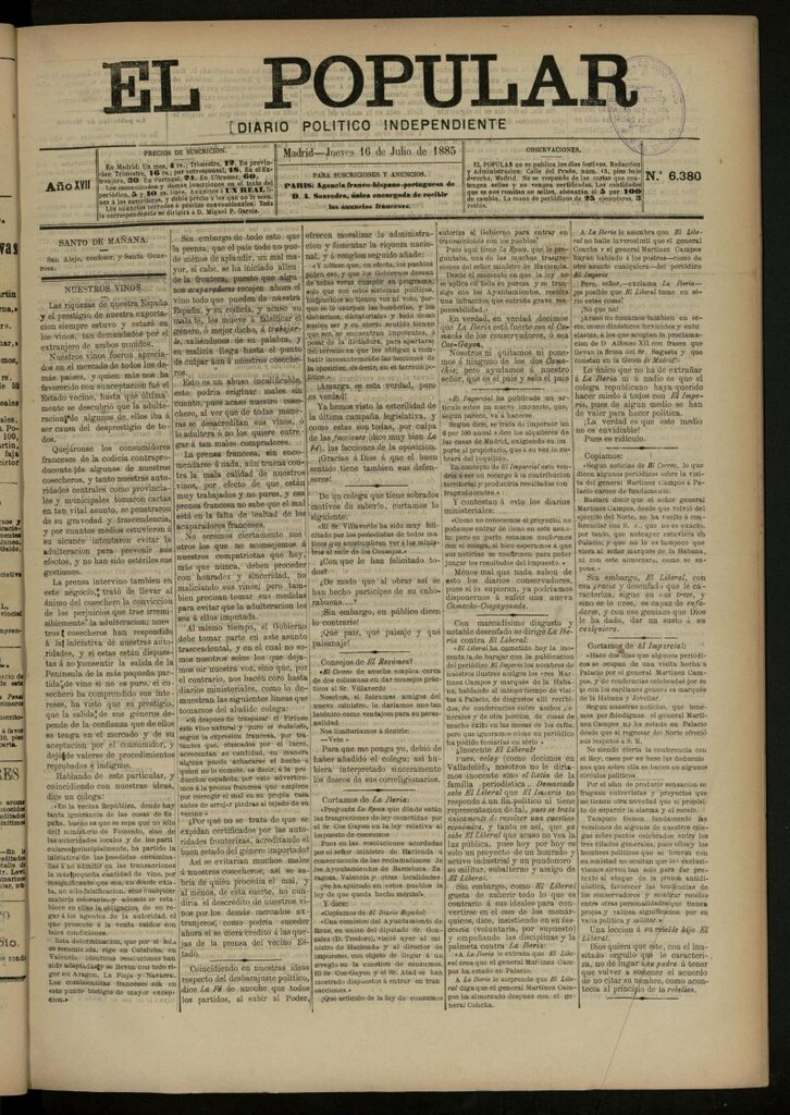 Miniatura de El Popular: diario independiente, político, literario y de noticias de interés general del 16 de julio de 1885, nº 6380