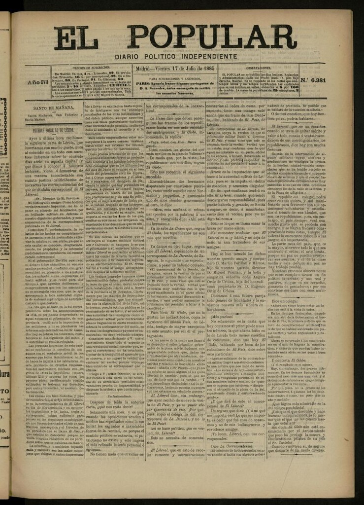 Miniatura de El Popular: diario independiente, político, literario y de noticias de interés general del 17 de julio de 1885, nº 6381
