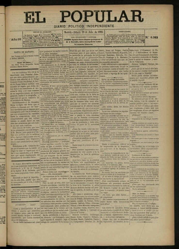 Miniatura de El Popular: diario independiente, político, literario y de noticias de interés general del 18 de julio de 1885, nº 6382