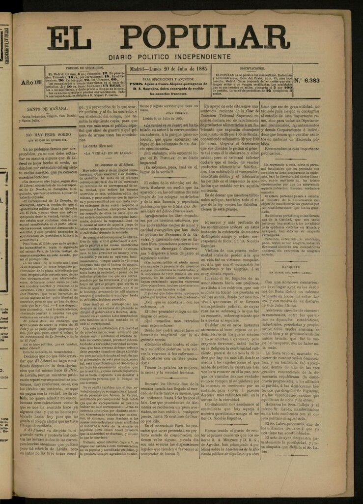 Miniatura de El Popular: diario independiente, político, literario y de noticias de interés general del 20 de julio de 1885, nº 6383