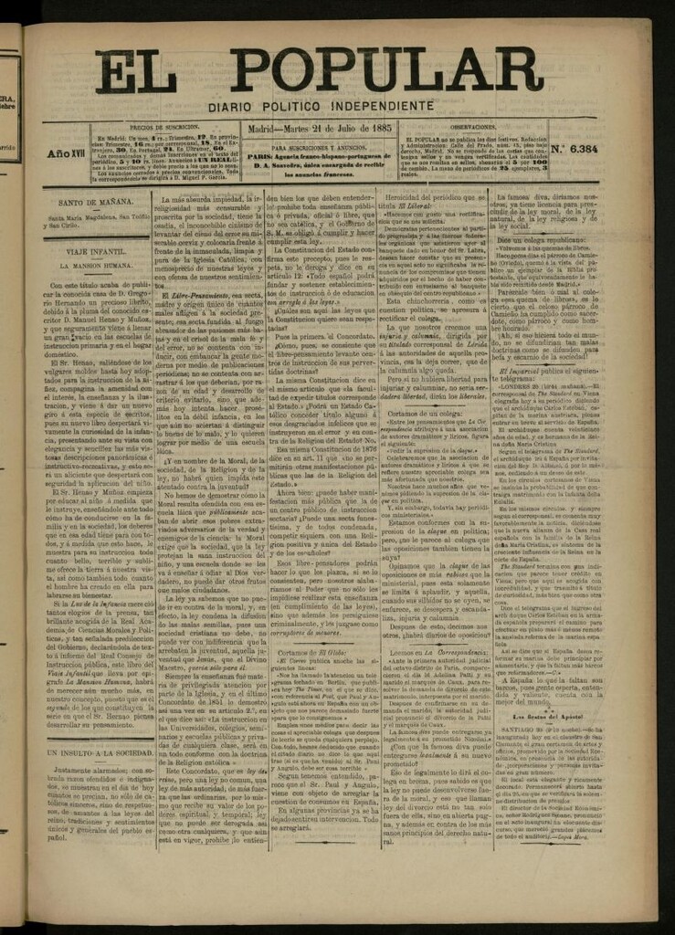Miniatura de El Popular: diario independiente, político, literario y de noticias de interés general del 21 de julio de 1885, nº 6384