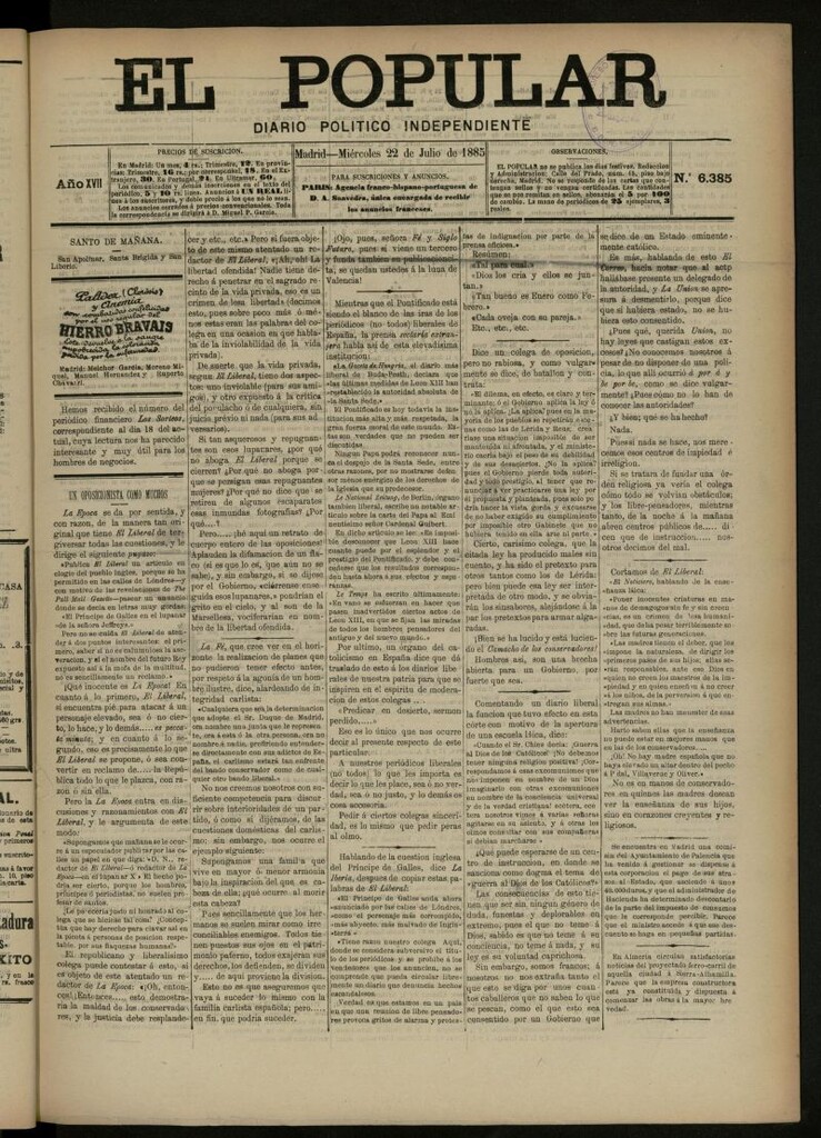 Miniatura de El Popular: diario independiente, político, literario y de noticias de interés general del 22 de julio de 1885, nº 6385