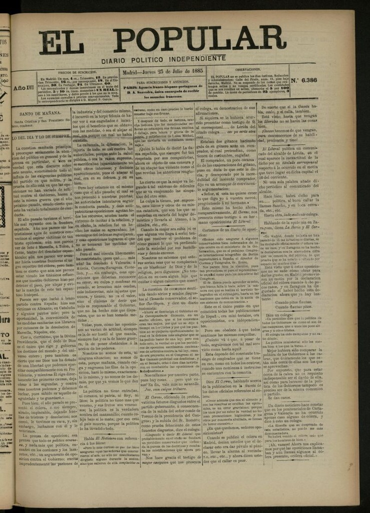 Miniatura de El Popular: diario independiente, político, literario y de noticias de interés general del 23 de julio de 1885, nº 6386