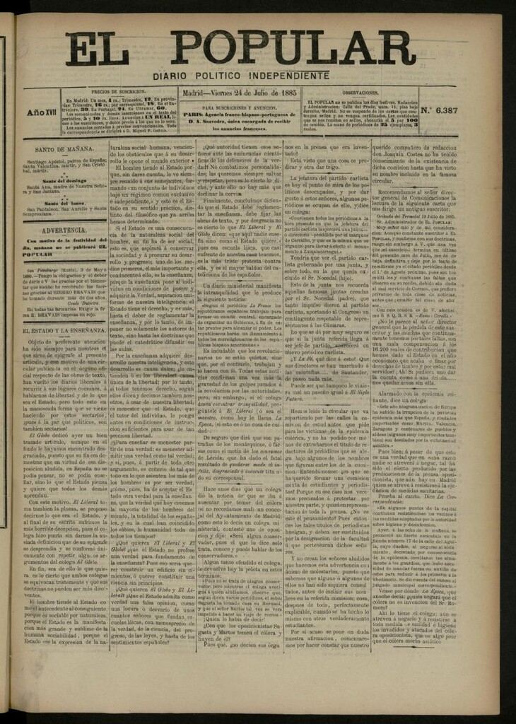 Miniatura de El Popular: diario independiente, político, literario y de noticias de interés general del 24 de julio de 1885, nº 6387