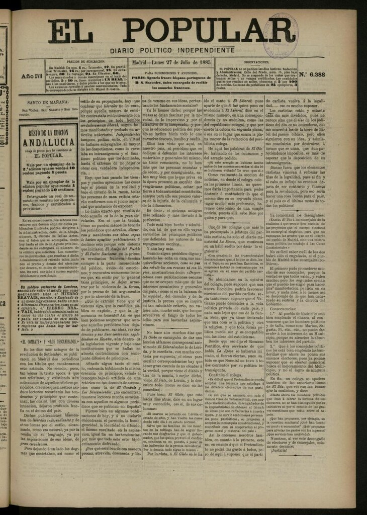 Miniatura de El Popular: diario independiente, político, literario y de noticias de interés general del 27 de julio de 1885, nº 6388