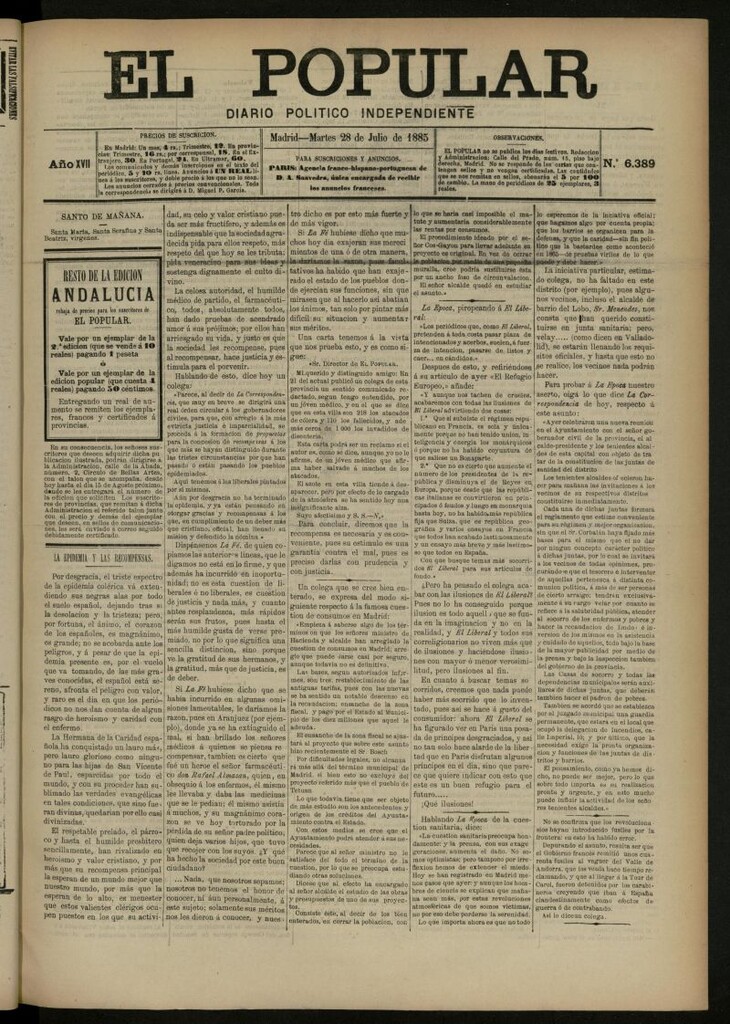 Miniatura de El Popular: diario independiente, político, literario y de noticias de interés general del 28 de julio de 1885, nº 6389