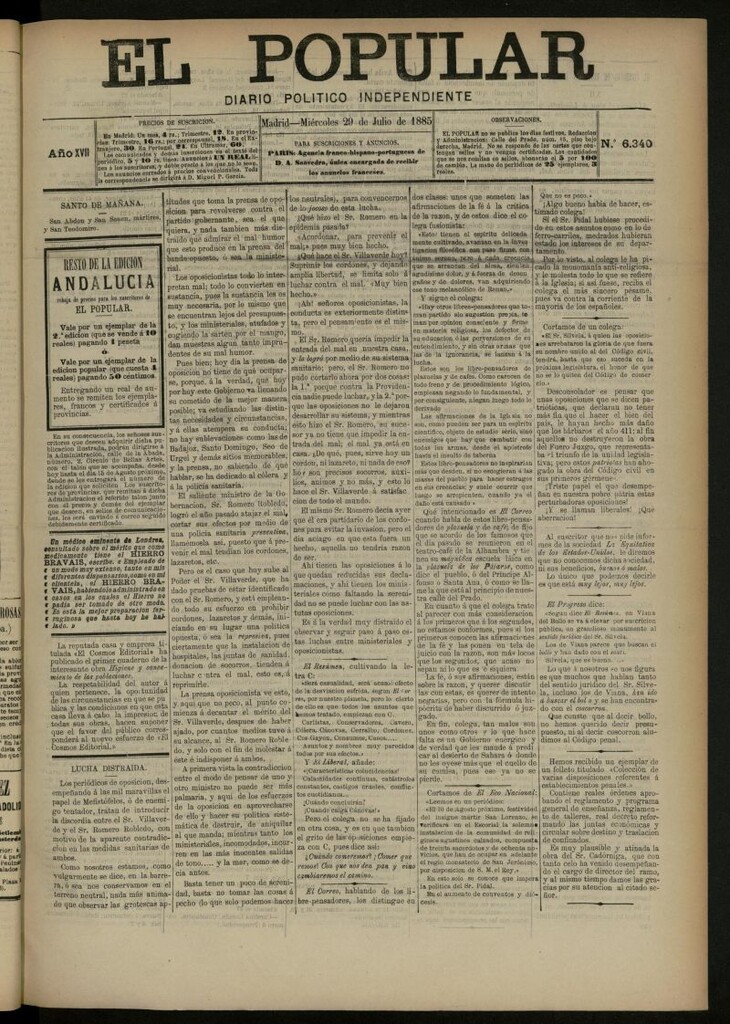 Miniatura de El Popular: diario independiente, político, literario y de noticias de interés general del 29 de julio de 1885, nº 6340