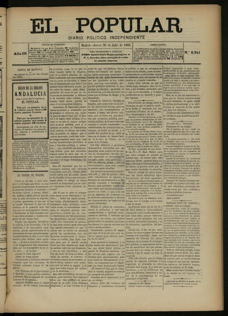 Miniatura de El Popular: diario independiente, político, literario y de noticias de interés general del 30 de julio de 1885, nº 6341
