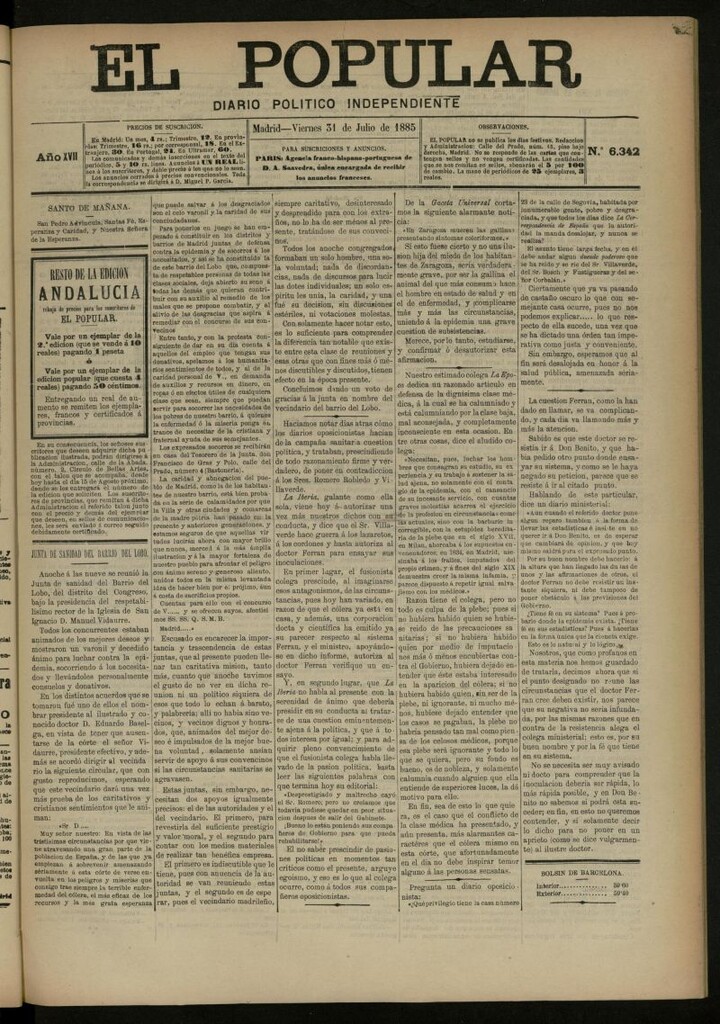 Miniatura de El Popular: diario independiente, político, literario y de noticias de interés general del 31 de julio de 1885, nº 6342