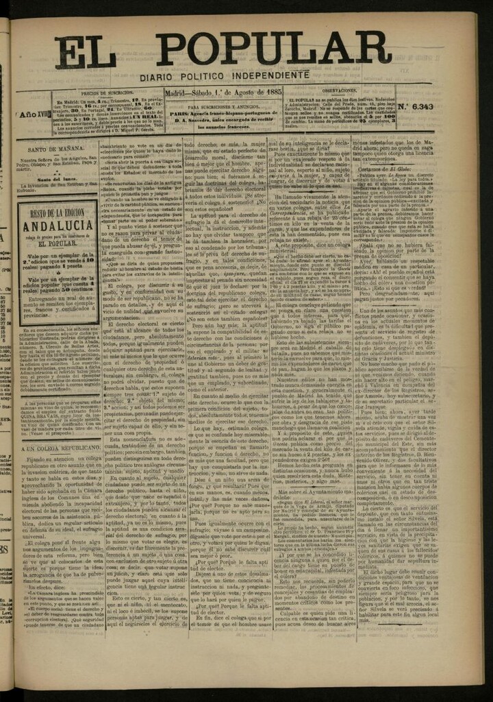 Miniatura de El Popular: diario independiente, político, literario y de noticias de interés general del 1 de agosto de 1885, nº 6343
